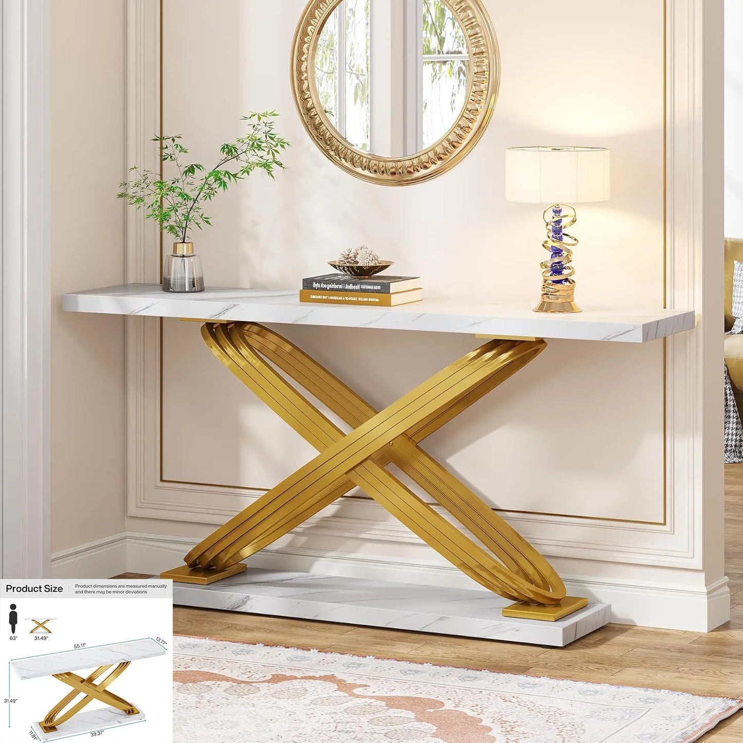 59 inch Gold Console Table, Modern Entryway Table with Grid-Shaped Metal Base for Entrance, Hallway, Entryway, Living Room