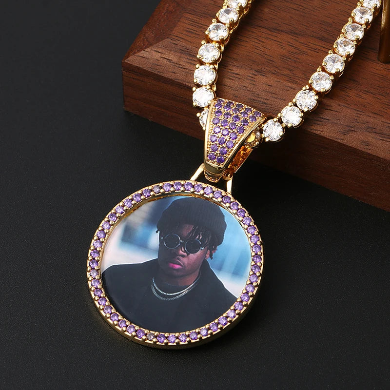 Custom Made Photo Medallions Pendant Necklace 4mm Tennis Chain Gold Silver Iced Out Cubic Zircon Men's Hip Hop Rap Jewelry Gift