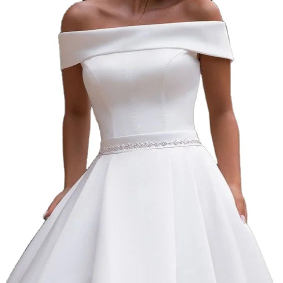 S754A     2025 New Off-shoulder-level High Quality Custom Made Satin Simple Plus Size Wedding Dress