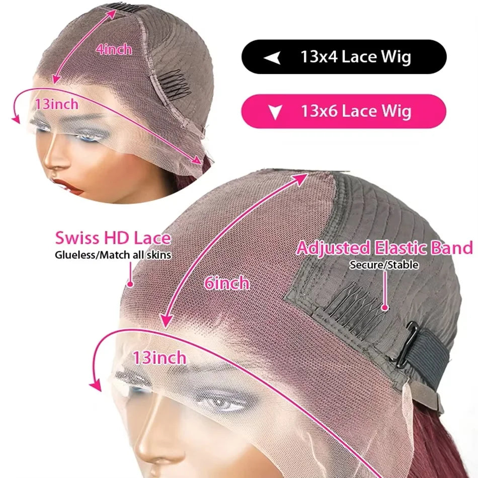 46 inches 99j Burgundy deep wave 13x6 transparent HD front lace wig 200 density human hair Brazilian hair for women hair