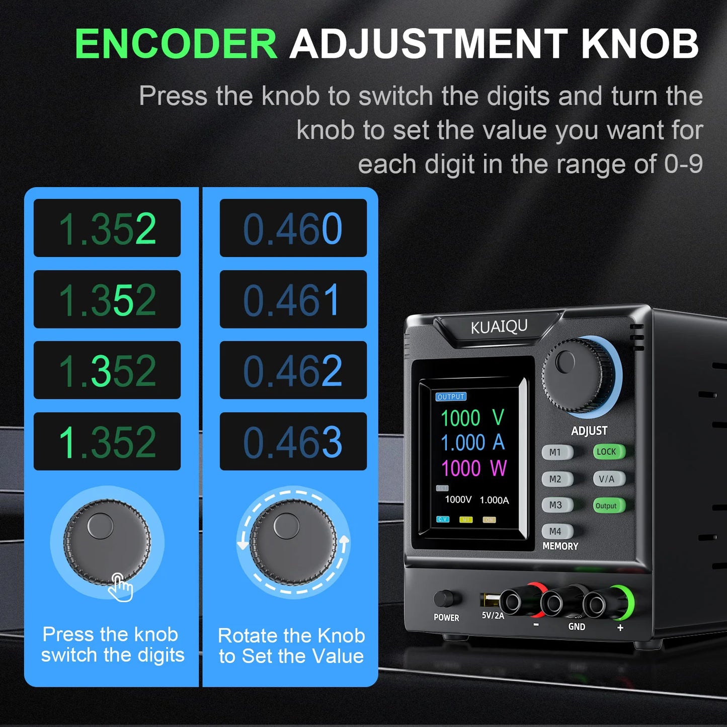 KUAIQU RS232/USB Programmable DC Power Supply Adjustable 1000V 400V 300V 200V 600V1A 30V 10A Memory Storage, Output, Software PC