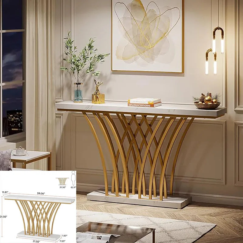 59 inch Gold Console Table, Modern Entryway Table with Grid-Shaped Metal Base for Entrance, Hallway, Entryway, Living Room