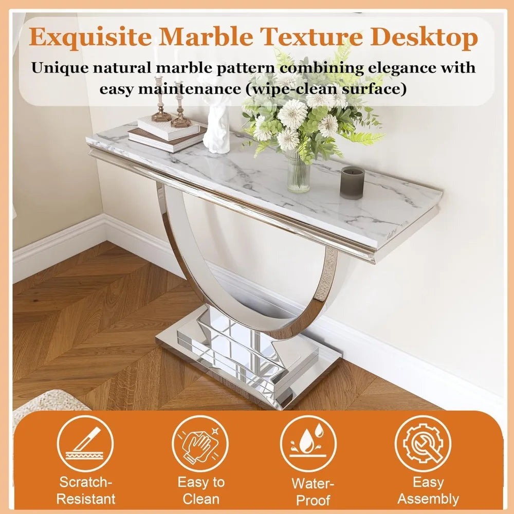 Modern Rectangular Entryway Console Table with White Faux Marble Top and Silver Stainless Steel Frame