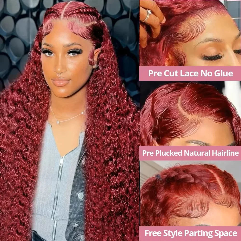 46 inches 99j Burgundy deep wave 13x6 transparent HD front lace wig 200 density human hair Brazilian hair for women hair