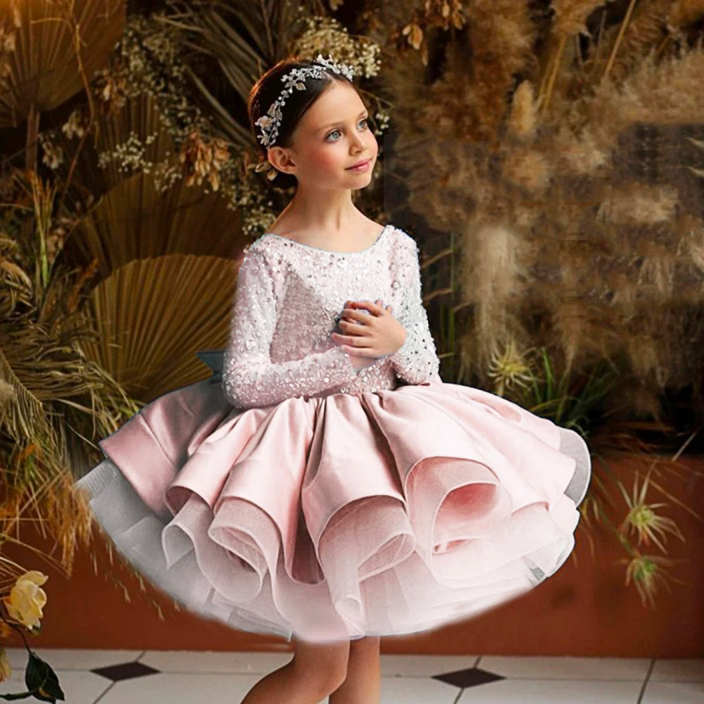 Elegant Girl Party Princess Tutu Gown Wedding Dress For Kids Bow Long Sleeve New Year Clothes 2-13 T Birthday Costume Vestidos