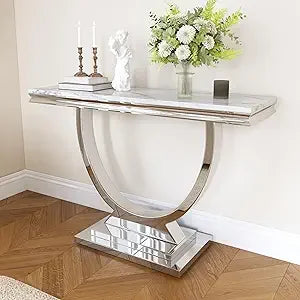 Modern Rectangular Entryway Console Table with White Faux Marble Top and Silver Stainless Steel Frame