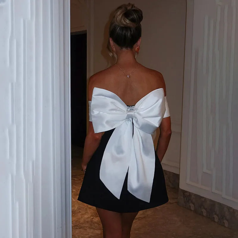 Avrilyaan Bow Off Shoulder Backless Sexy A-line Dress Women Elegant Party Dress Slash Neck Bodycon Mini Summer Dress Vestidos