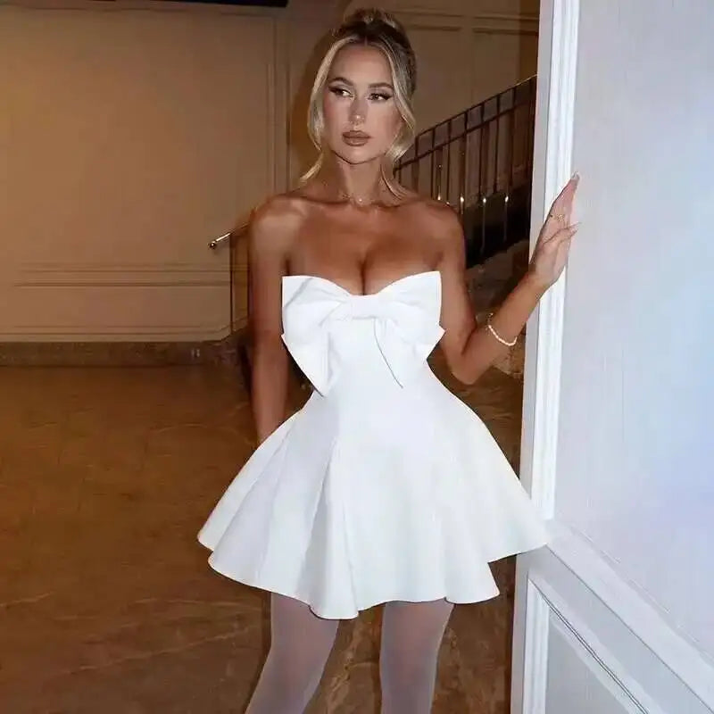 Avrilyaan Bow Off Shoulder Backless Sexy A-line Dress Women Elegant Party Dress Slash Neck Bodycon Mini Summer Dress Vestidos