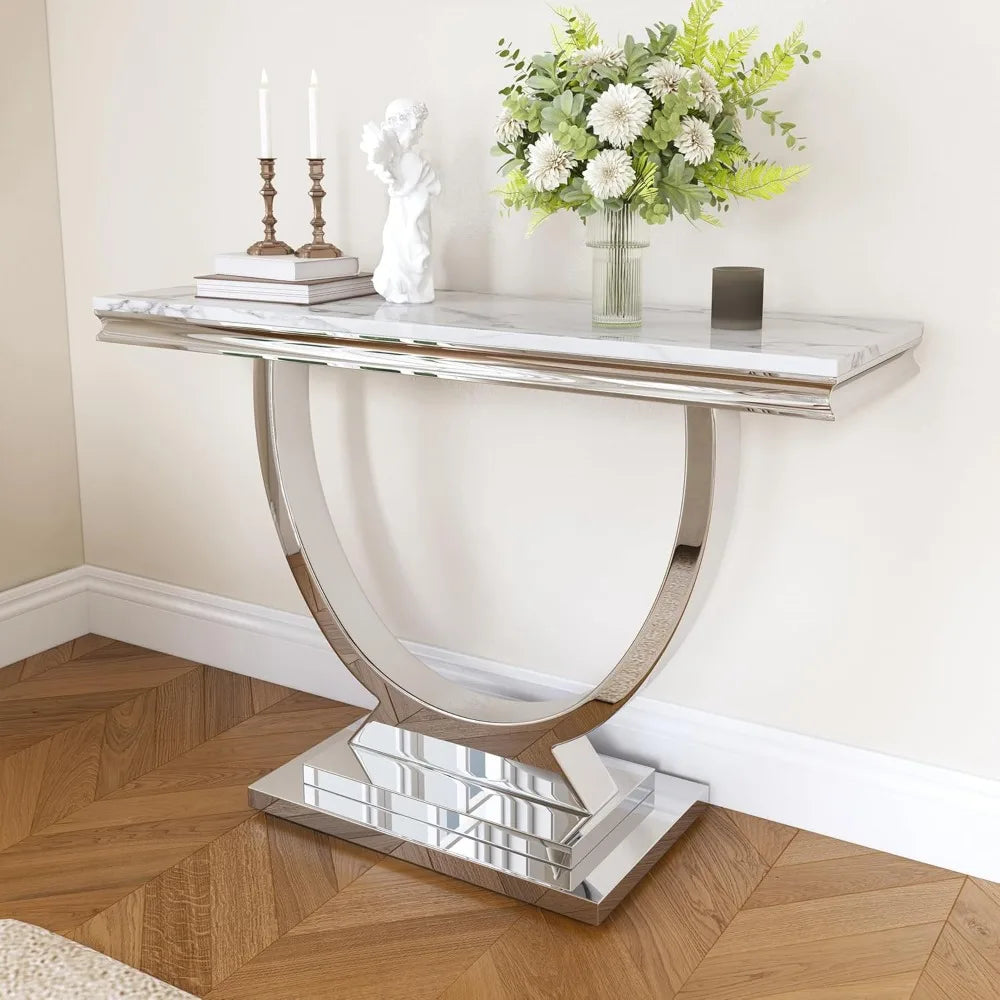 Modern Rectangular Entryway Console Table with White Faux Marble Top and Silver Stainless Steel Frame