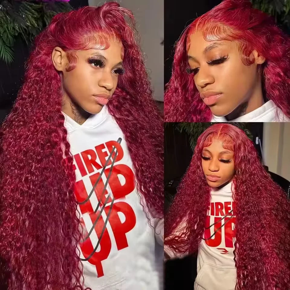 46 inches 99j Burgundy deep wave 13x6 transparent HD front lace wig 200 density human hair Brazilian hair for women hair