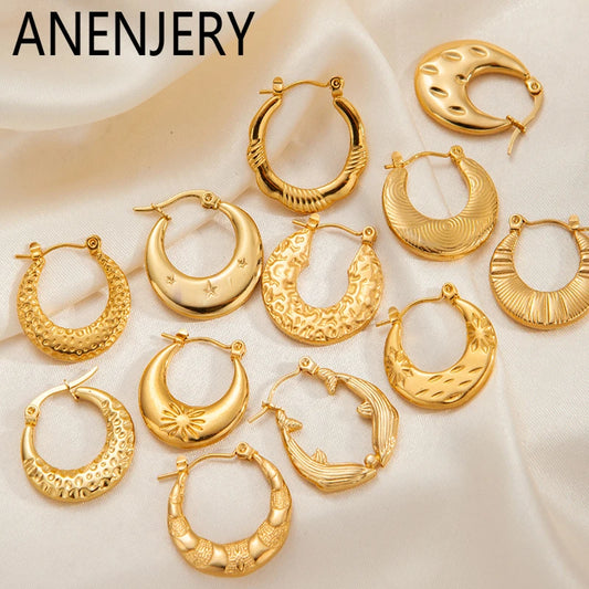 ANENJERY 316L Stainless Steel 6 Pieces Irregular Circle Wrinkle Pattern Earring for Women Unique Jewelry Gifts Wholesale