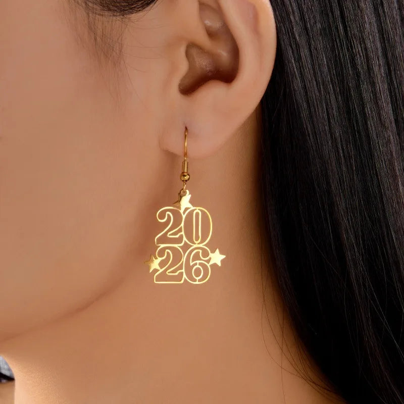 2026 New Year Digital Earrings Fashion Elegant Stars Geometric Earrings New Year Party Jewelry, Birthday & Anniversary Gifts