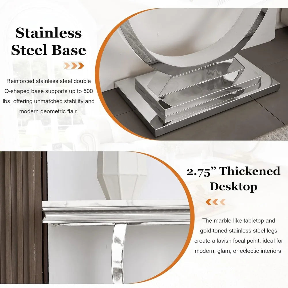 Modern Rectangular Entryway Console Table with White Faux Marble Top and Silver Stainless Steel Frame