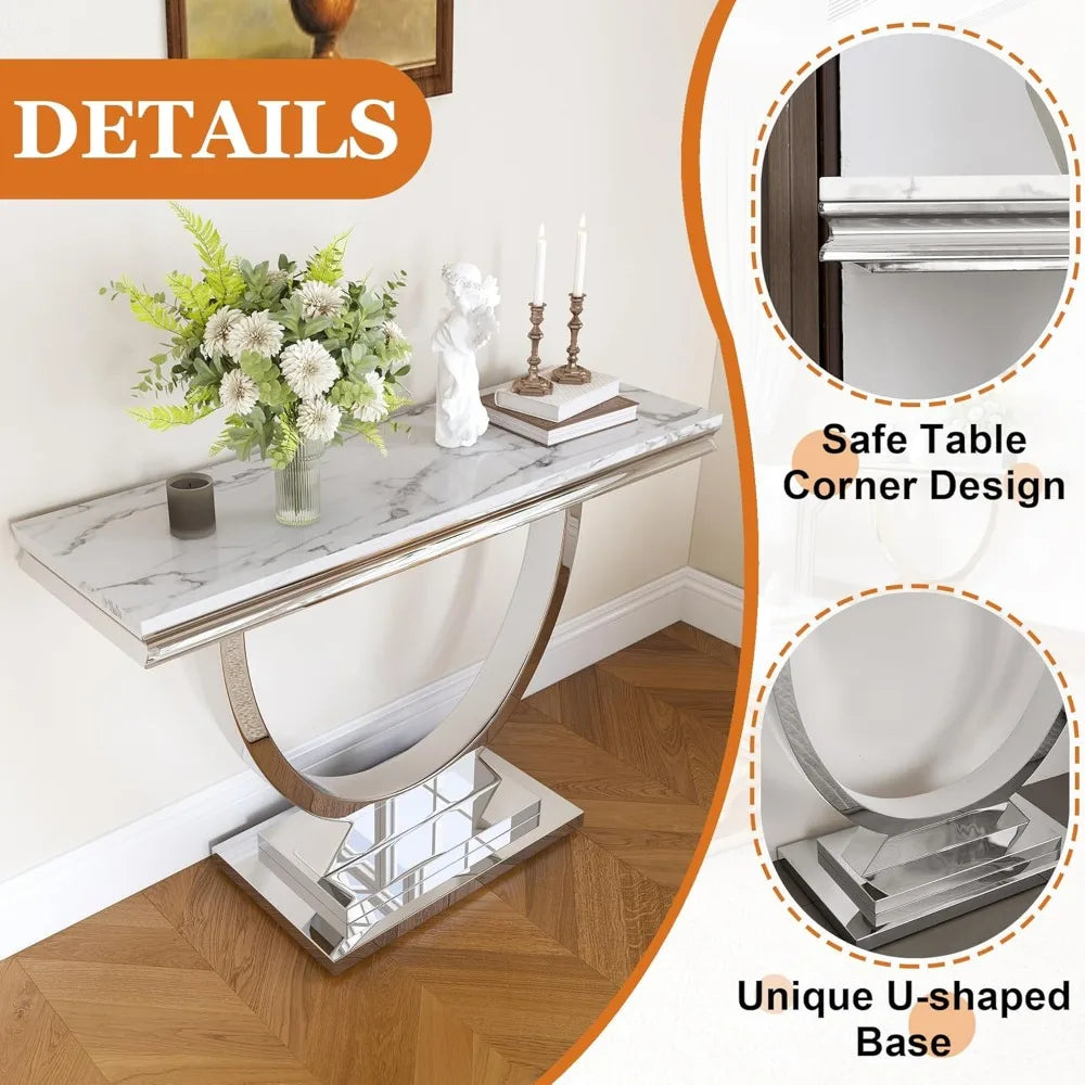 Modern Rectangular Entryway Console Table with White Faux Marble Top and Silver Stainless Steel Frame
