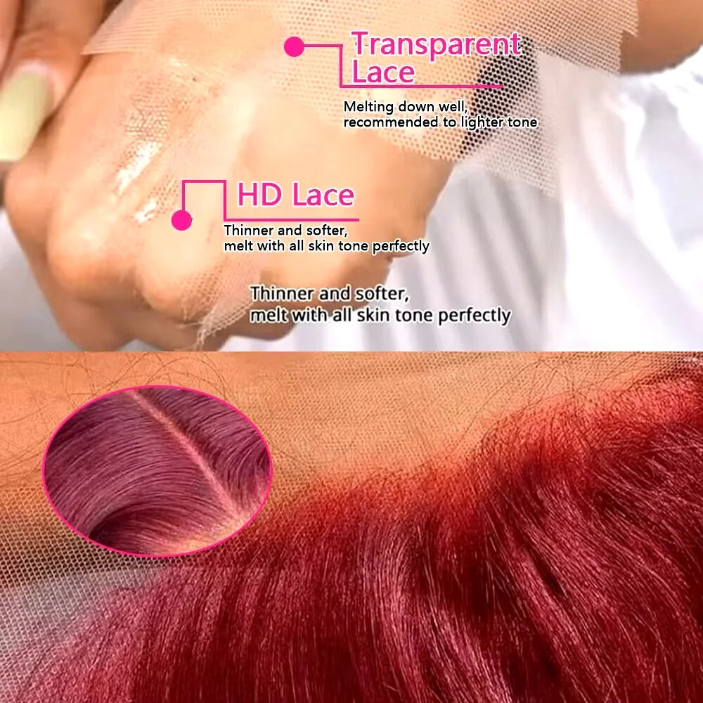 46 inches 99j Burgundy deep wave 13x6 transparent HD front lace wig 200 density human hair Brazilian hair for women hair