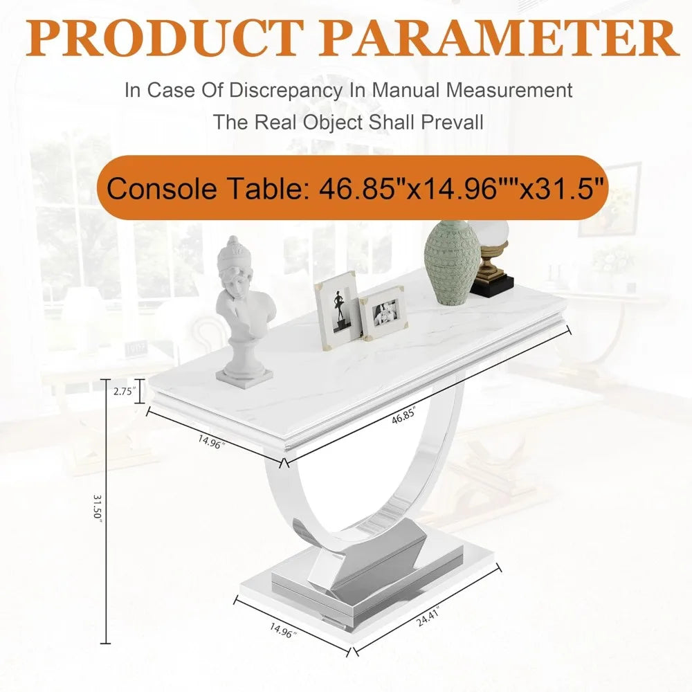 Modern Rectangular Entryway Console Table with White Faux Marble Top and Silver Stainless Steel Frame