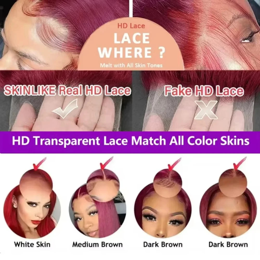 46 inches 99j Burgundy deep wave 13x6 transparent HD front lace wig 200 density human hair Brazilian hair for women hair