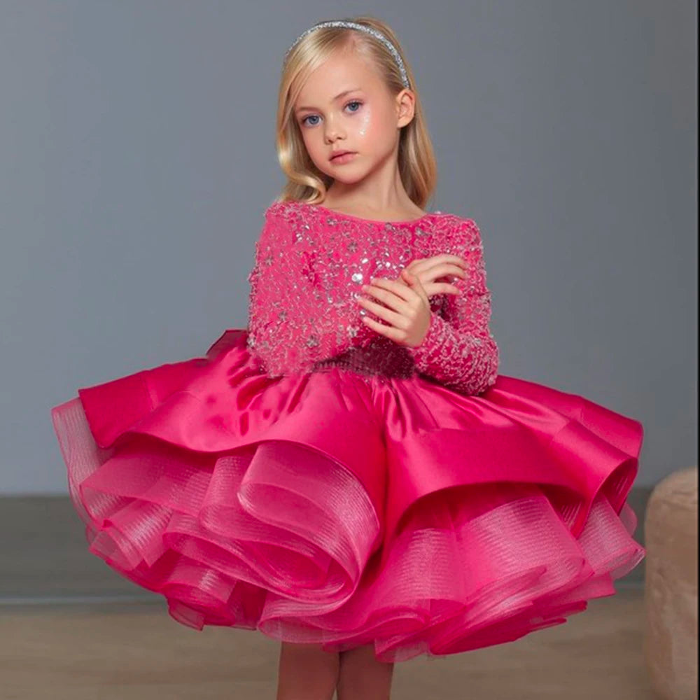 Elegant Girl Party Princess Tutu Gown Wedding Dress For Kids Bow Long Sleeve New Year Clothes 2-13 T Birthday Costume Vestidos
