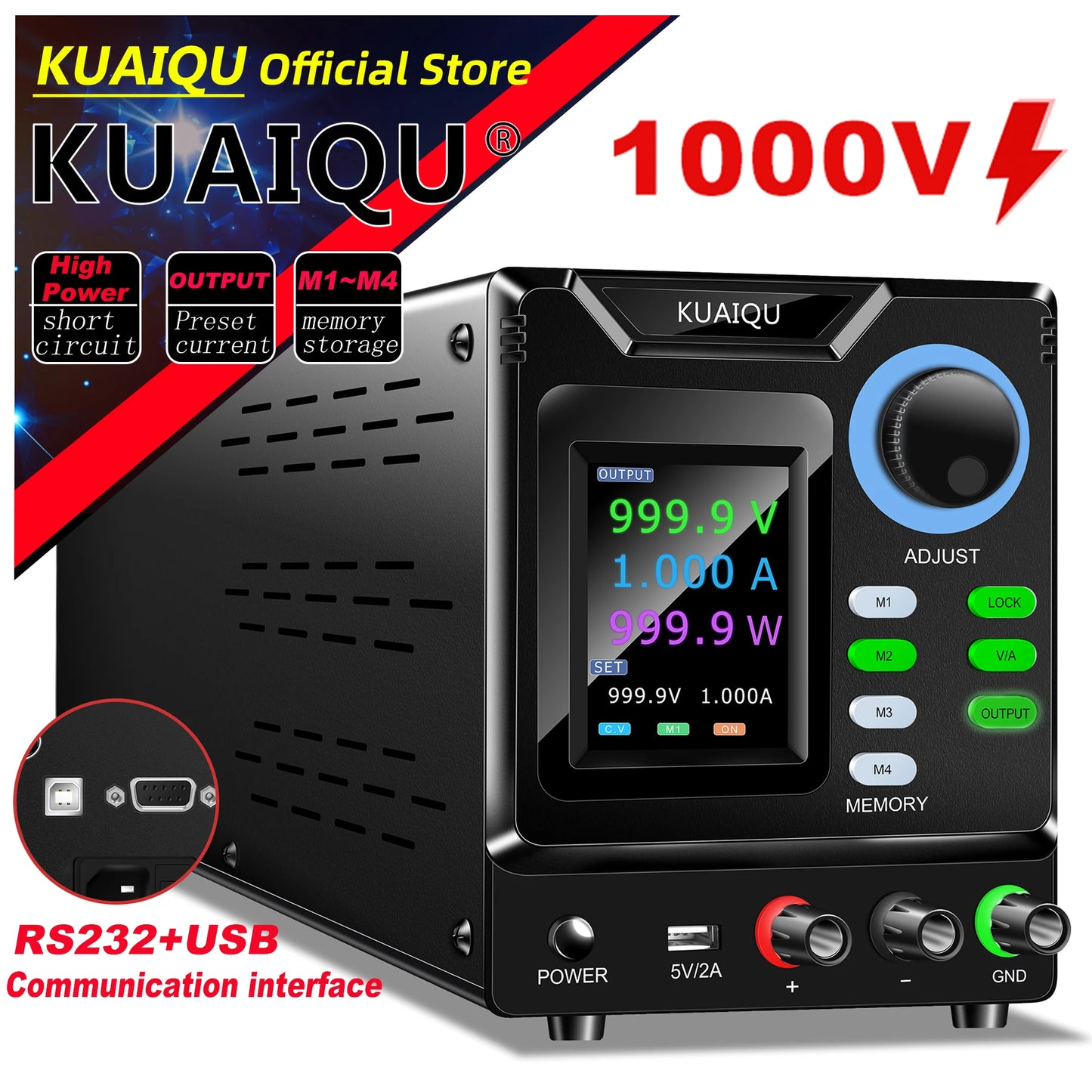 KUAIQU RS232/USB Programmable DC Power Supply Adjustable 1000V 400V 300V 200V 600V1A 30V 10A Memory Storage, Output, Software PC