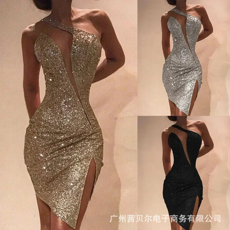 Fashion Sexy Womens Dresses 2023 New One Shoulder Split Dress Womens Sleeveless Dress