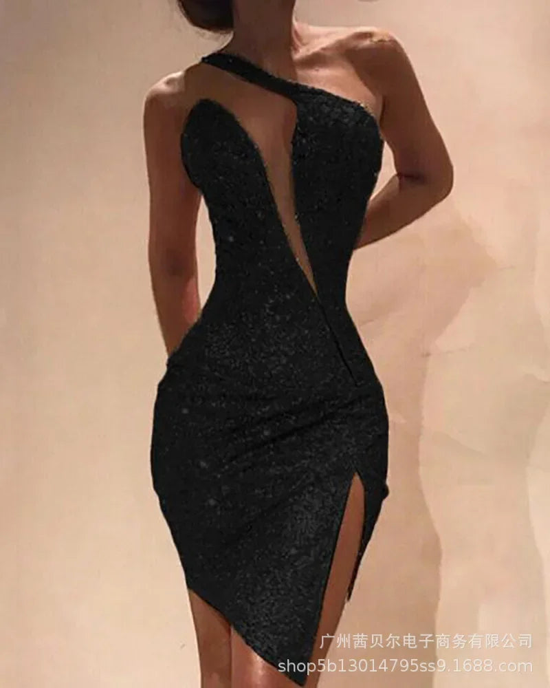 Fashion Sexy Womens Dresses 2023 New One Shoulder Split Dress Womens Sleeveless Dress