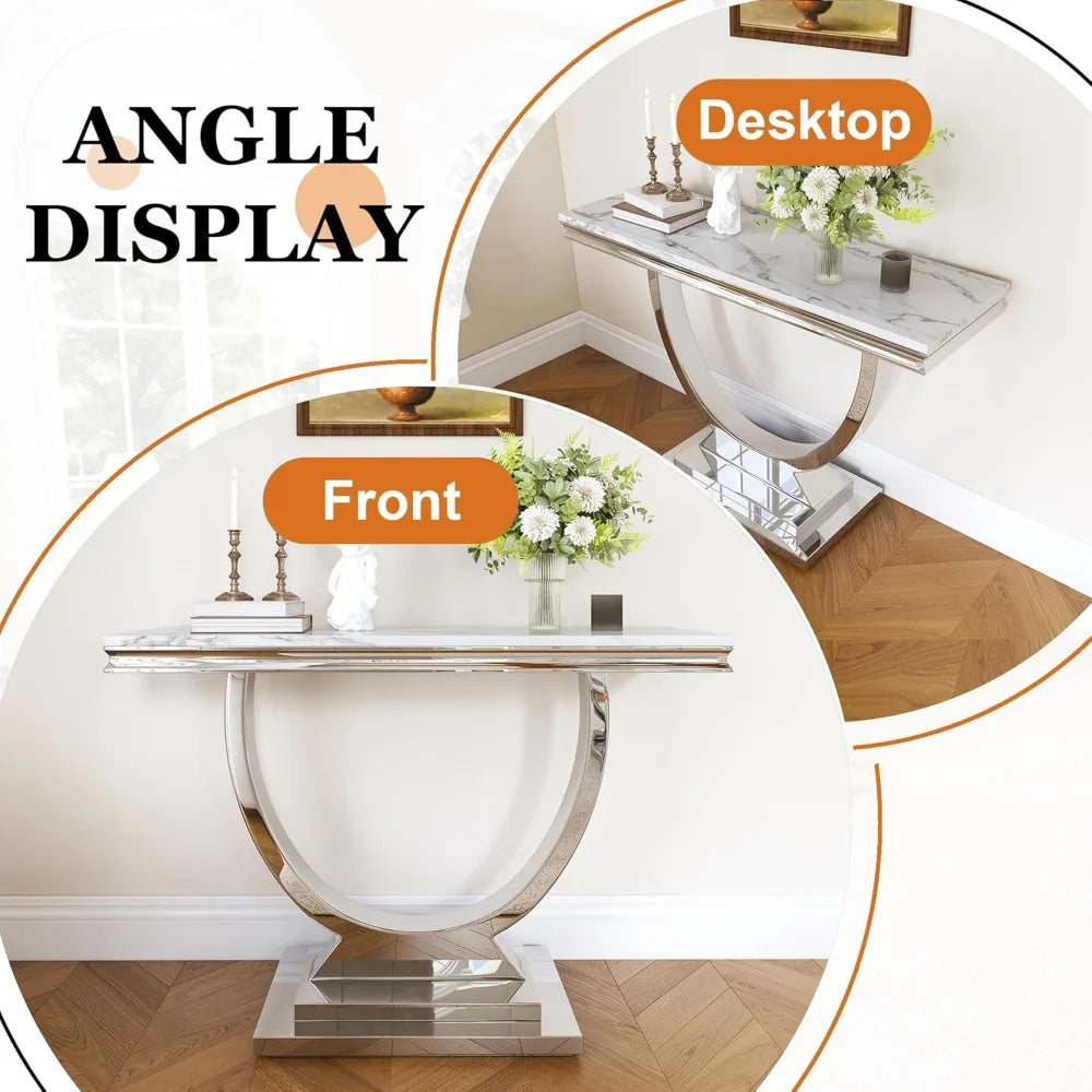 Modern Rectangular Entryway Console Table with White Faux Marble Top and Silver Stainless Steel Frame