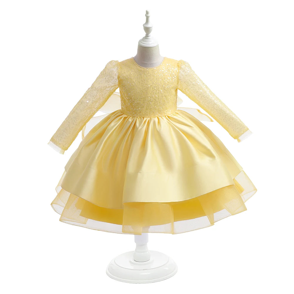 Elegant Girl Party Princess Tutu Gown Wedding Dress For Kids Bow Long Sleeve New Year Clothes 2-13 T Birthday Costume Vestidos